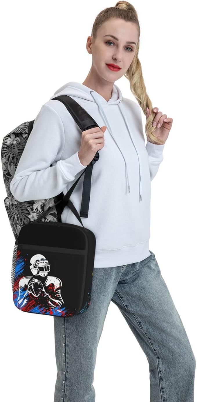 Sports-themed Lunch Bag for Boys Football Insulated Lunch Box with Football Players Pattern Print, Black Cooler Thermal Lunch Bag Tote Handbag with Water Bottle Holder for Kids Teens Youth Adults