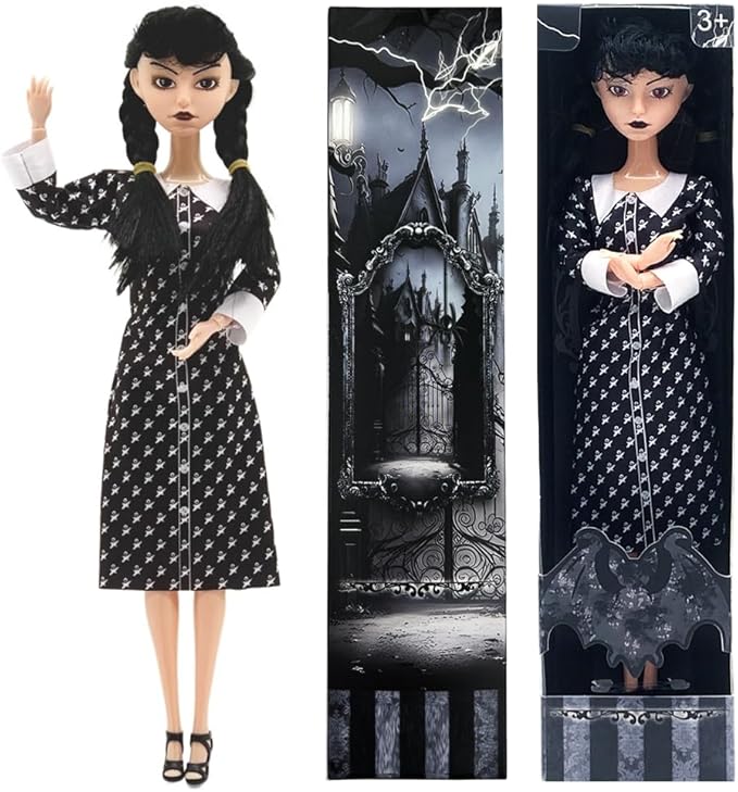 11.5''Addams Doll, Black Dress Christmas Dolls, Black High Heels, and Black Hair, Birthday Gifts for Kids Girls Fans (B1)