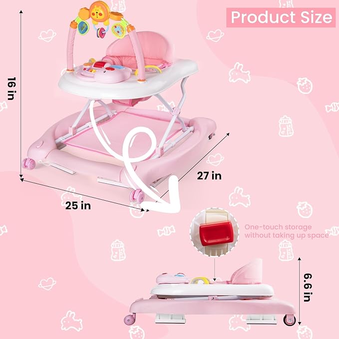 5-in-1 Baby Walker, Baby Walkers for Boys Girls 6-12 Months, Foldable Activity Walker, Toddler Infant Walker with Bouncer, Adjustable Height, Removable Footrest, Feeding Tray, Music