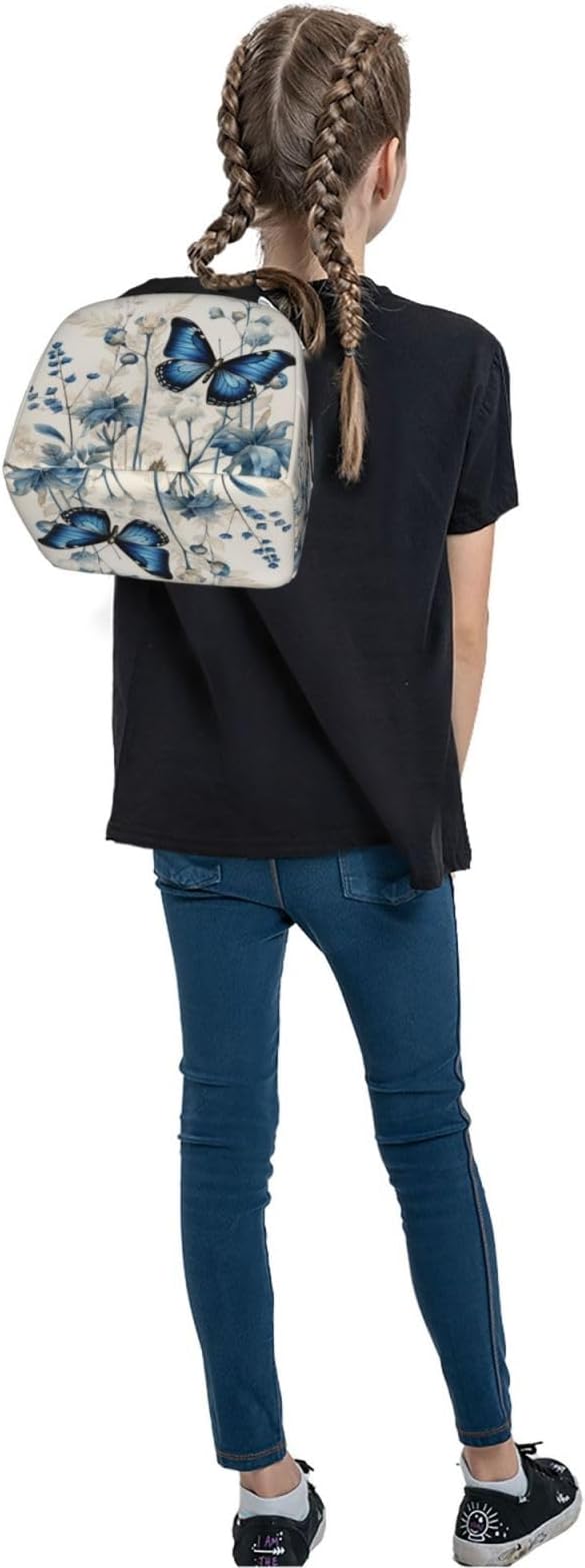 Lunch Bag Butterfly Blue Flower Boho Insulated Lunch Box Reusable Cooler Tote for Adults Student Girl Boy Work Office School Picnic Over 3 Years Old