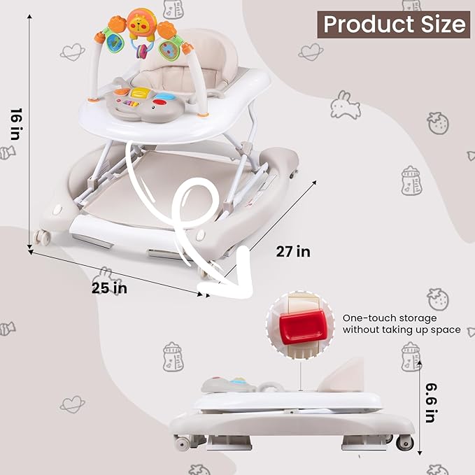 Baby Walker, 5-in-1 Baby Walkers for Boys and Girls 6-12 Months with Bouncer, Removable Footrest, Feeding Tray & Music, Foldable & Adjustable Activity Walker for 6-18 Months Toddler Infant