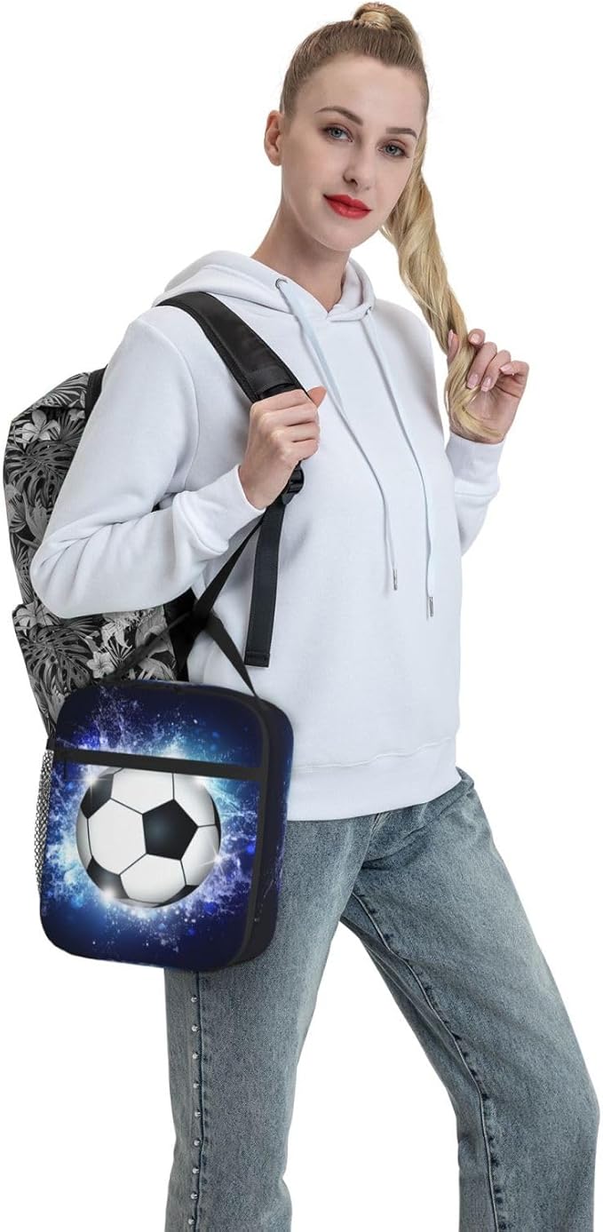 Sports Lunch Box with Soccer Pattern Print, Blue Insulated Lunch Bag for Kids Teens Boys Girls, Reusable Lunch Bag Ice Packs Containers Tote Handbag with Water Bottle Holder and Handle