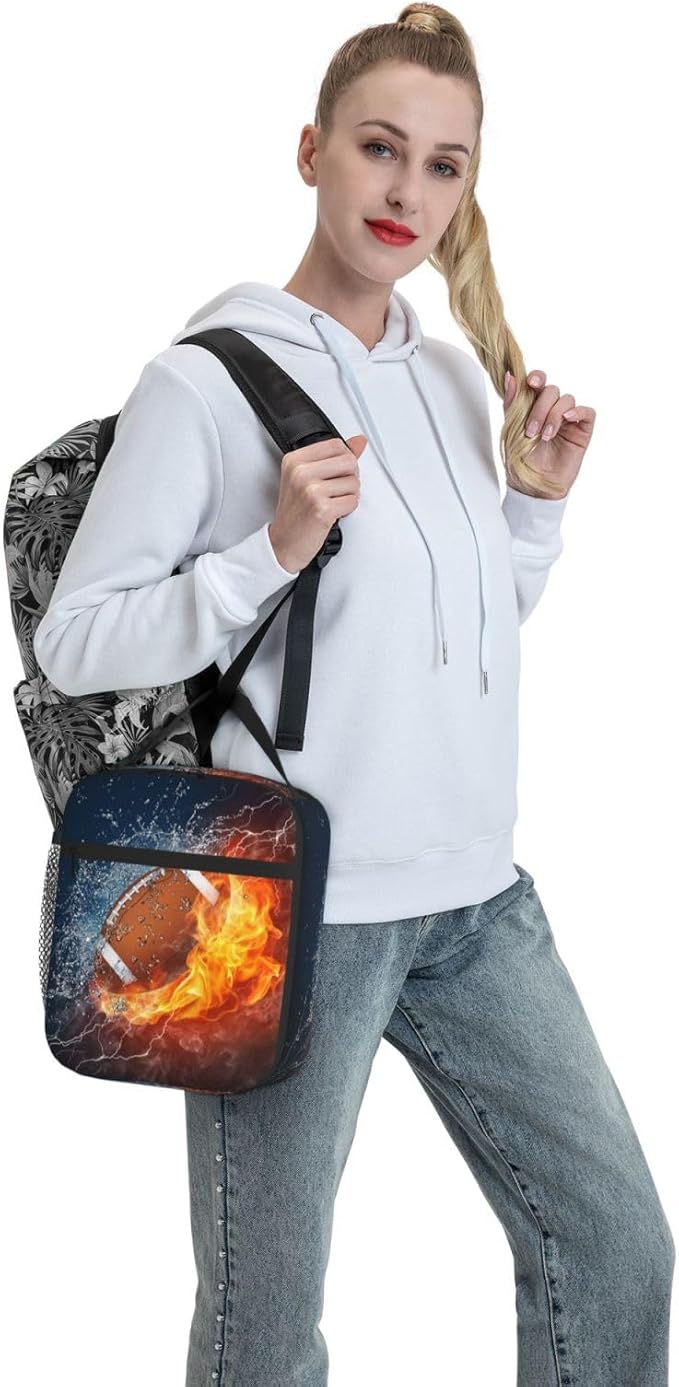 Sports-themed Football Lunch Box for Kids Teens Adults Boys Men, Insulated Leakproof Waterproof Reusable Lunch Bags with Water Bottle Holder, Portable Durable Cooler Tote Bag for School Work Travel