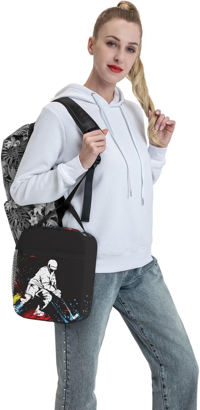 Sports Lunch Bag for Boys Hockey Insulated Lunch Box with a Ice Hockey Player Pattern Print, Black Cooler Thermal Lunch Bag Tote Handbag with Water Bottle Holder for Kids Teens Adults