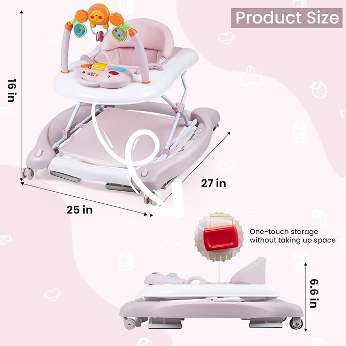 Baby Walker, 5-in-1 Baby Walkers for Boys and Girls 6-12 Months with Bouncer, Removable Footrest, Feeding Tray & Music, Foldable & Adjustable Activity Walker for 6-18 Months Toddler Infant