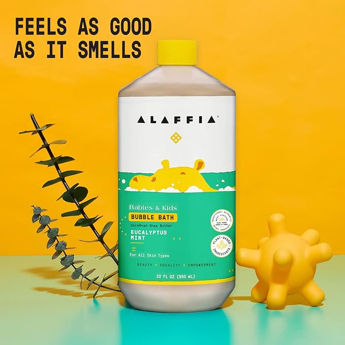 Alaffia Babies and Kids Bubble Bath, Gentle Baby Essentials for Delicate Skin, Cleansing & Calming Bubbles, Plant Based Formula, Vegan, Eucalyptus Mint (2 Pack - 32 Fl Oz Ea)