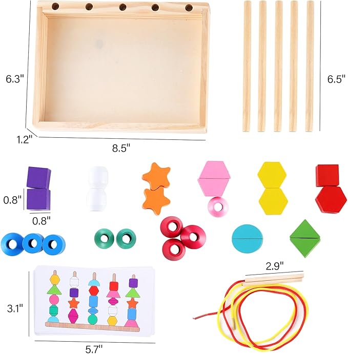 Montessori Bead Sequencing Set for Kids, Wooden Lacing Beads Toys for Toddlers, Matching Color Shape Stacker for 2 3 4 5 Years Old, Preschool Learning Educational Toys Gifts