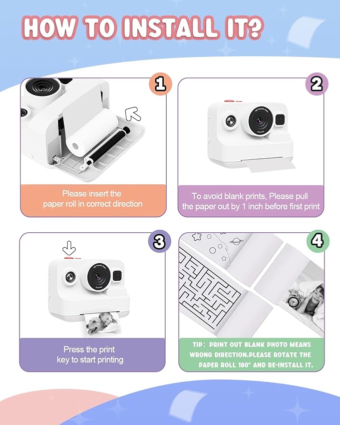 Instant Print Camera for Kids,2.4 Inch Screen Kids Instant Cameras, Christmas Birthday Gifts for Girls Age 3-12, Portable Toddler Toy for 3 4 5 6 7 8 9 10 Year Old Girls Boys White