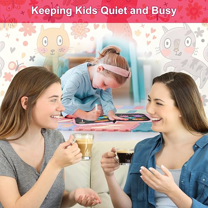 Erasable Book Doodle Set for Kids,Reusable Magic Drawing Book for Kids with 12 Watercolor Pens 14 Page Drawing,Road Trip Car Game Writing Painting Set for Boys and Girls (Cat Pink)