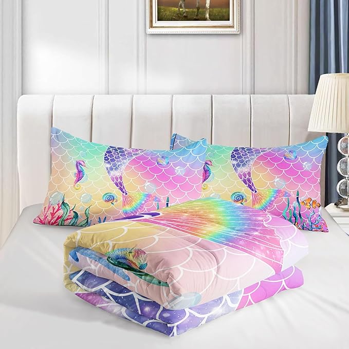 Mermaid Tail Comforter Set Rainbow Pink Scales Mermaid Printed Bedding Set with 1 Comforter and 2 Pillowcases for Boys and Girls Bedroom All Season(Full)
