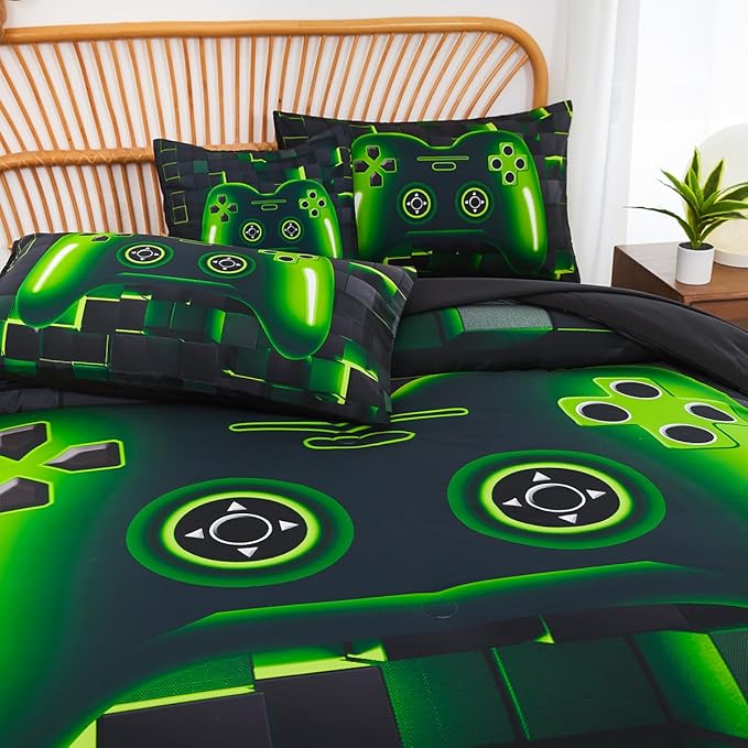 PERFEMET 6 Pcs Gaming Bedding Set Queen Size Green Game Console Kids Bed in A Bag 3D Black Gamer Comforter Set with Sheets for Boys Teen Lightweight Video Gamepad Bedroom Set(Green, Queen)