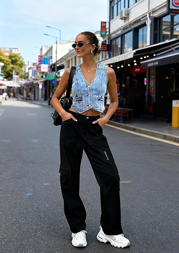 IVIR Cargo Pants Women High Waist Wide Leg Casual Pants with 7 Pockets Stretchy Drawstring Baggy Y2K Trousers