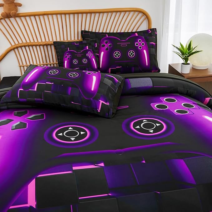 PERFEMET 6 Pieces Bed in A Bag Gamer Comforter Set Full Size Purple Gaming Bedding Set for Boys Kids Teen Soft Lightweight Video Game Black Quilt Bedspread Set(Purple, Full)