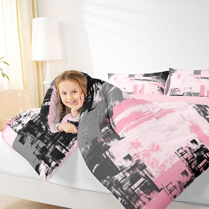 Feelyou Abstract Bedding Set Kids Modern Abstract Art Comforter Set Pink Black Comforter for Boys Room Decor Lightweight Retro Duvet Set Twin Size with 1 Pillow Case