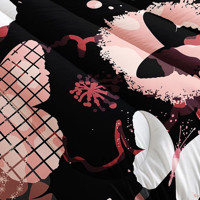 Kids Comforter Set Black Red Butterfly Printed Pattern Bedding Set with 1 Comforter and 2 Pillowcases for Girls Boys Bedroom All Season(White Butterfly Full)