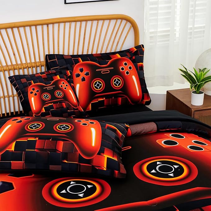 PERFEMET 6-Piece Gamer Comforter Black Orange Video Game Boys Bedding Set for Kids Teens Bedroom 3D Cool Soft Fluffy Gaming Bed in A Bag Set with Sheets(Orange, Queen)