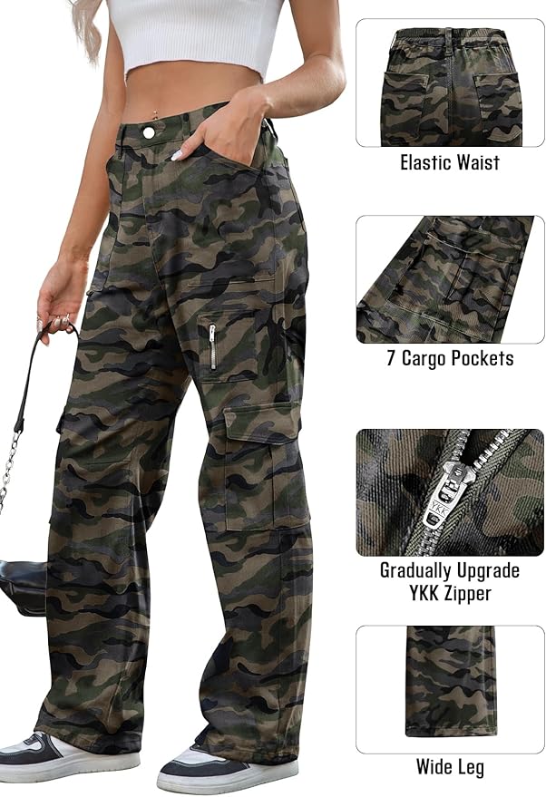 IVIR Cargo Pants Women High Waist Wide Leg Casual Pants with 7 Pockets Stretchy Drawstring Baggy Y2K Trousers