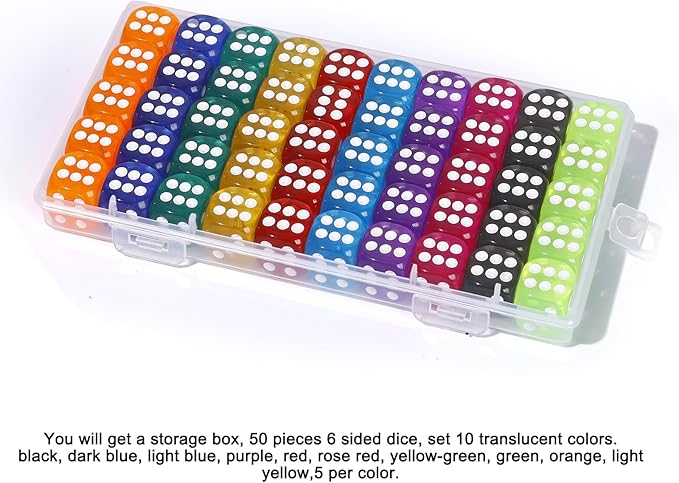 50 Pieces 6 Sided Translucent Colored Dice for Board Games Classroom Learning, 14mm 10 Colors Hard Acrylic Dice Set for Maths Playing Games Rolling