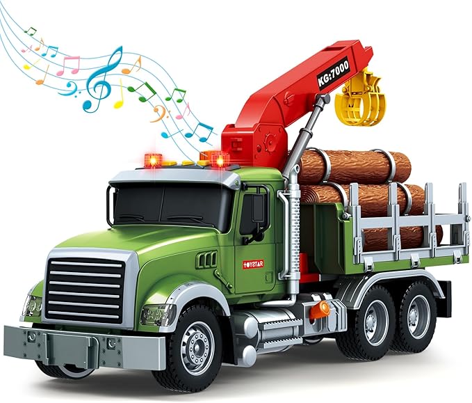 SpringFlower Toy for 3 4 5 6 Year Old Boys, Farm Truck Toy with Farm Trunk,Vehicle Timber Truck Toy with Loading Crane & Lights & Sounds, Kids Birthday Gifts for Boys Toddlers Girls