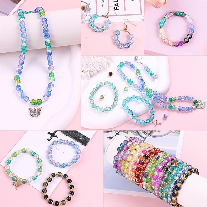 200 PCS Glass Beads, 8mm Round Crackle Crystal Bead for Jewelry Making, Loose Beads for Bracelet Craft Necklace Earring Making Wine Charms Wind Chimes, Green