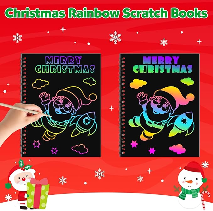 ZMLM Scratch Paper Art Craft: 2 Pack Rainbow Scratch Set for 3 4 5 6 7 8 9 10 Years Old Girls Boys Students Drawing Coloring Black Magic Art Supplies Kits Gifts School Birthday Party Toys(Christmas)
