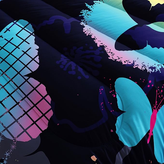 Kids Comforter Set Blue Black Butterfly Printed Pattern Bedding Set with 1 Comforter and 2 Pillowcases for Girls Boys Bedroom All Season(Blue Butterfly Queen)