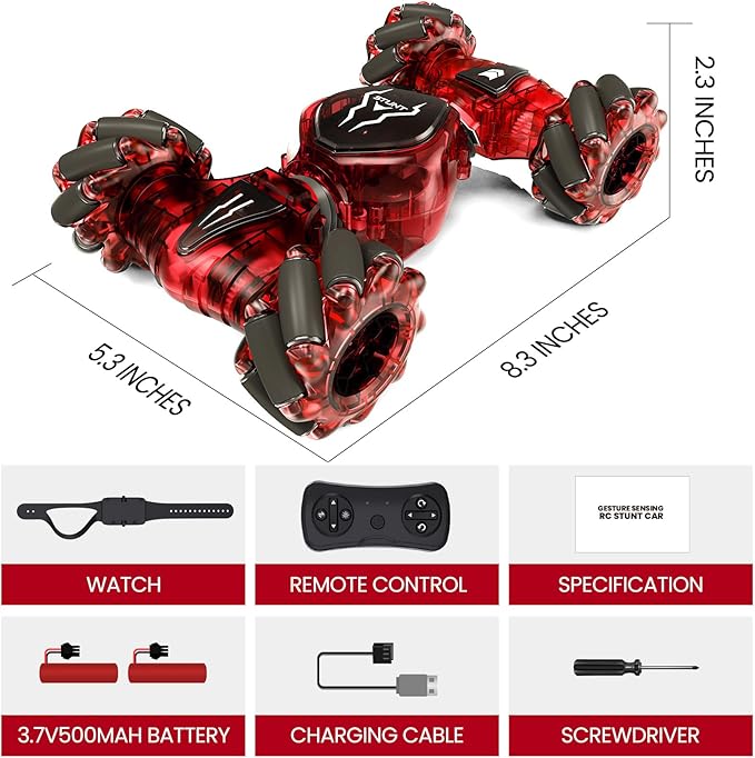 Tecnock Remote Control Car for Boys Girls, 2.4GHz 4WD Gesture Sensing RC Stunt Car Toys - 360° Rotating Double Sided Hand Controlled RC Cars with LED Lights, Gifts for Kids Ages 6-8, 8-12