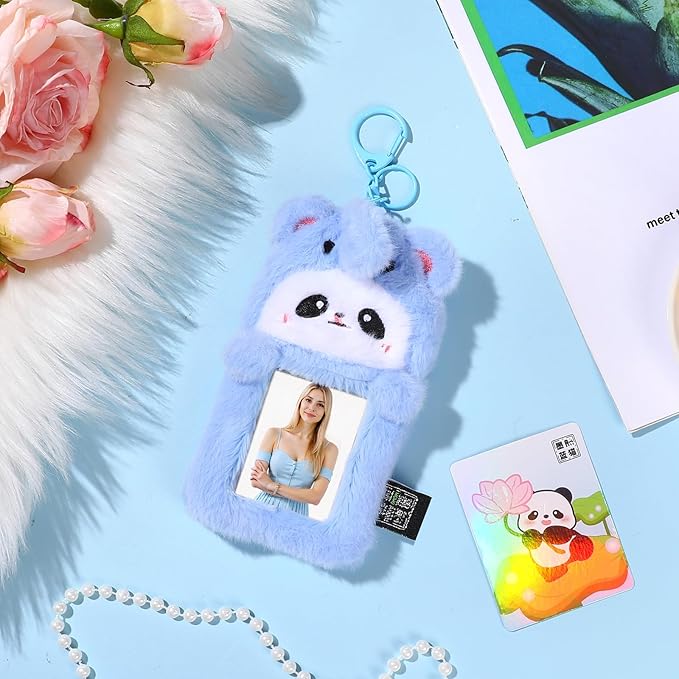 NEWEST Panda Plush Kpop Photocard Holder with Keychain, Cute ID Badge Holder Protector Cover, Soft Cartoon Animal Photo Case Sleeves for Idol ID Card Student Worker Bag Charm, Elephant-costumed Panda