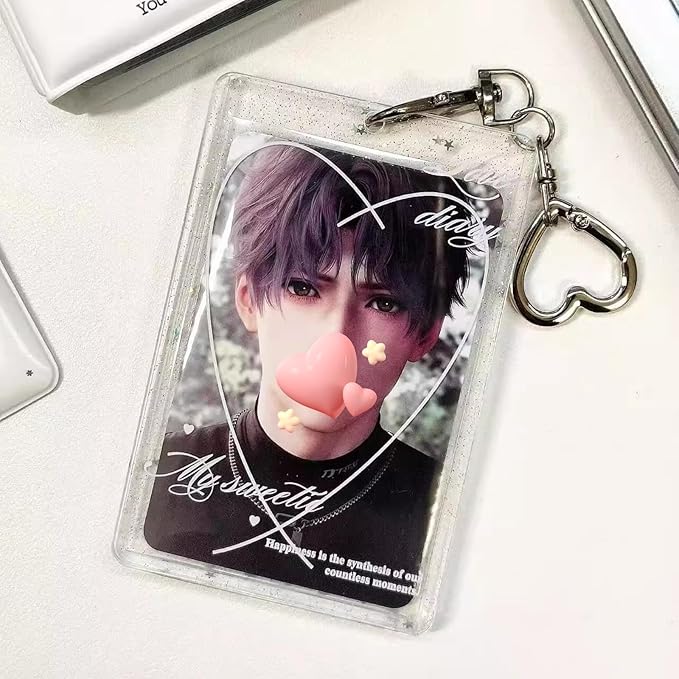 Heart Print Kpop Photocard Holder, Acrylic Photo Card Holder with Metal Keychain, Fits Standard 3-Inch Kpop Cards, Portable ID Badge Holder for Fans Collectible Cards