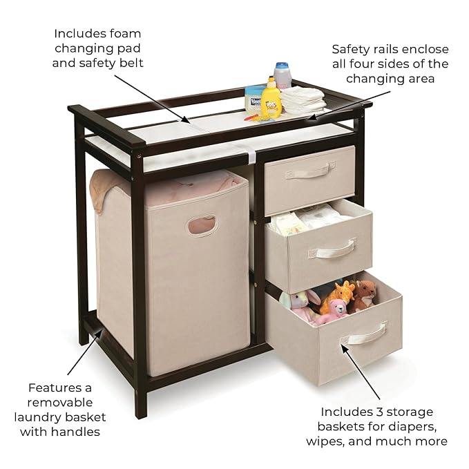 Badger Basket Modern Baby Changing Table for Nursery - Diaper Changing Station with Laundry Hamper, 3 Storage Drawers, Changing Pad, and Safety Belt - Espresso and Ecru