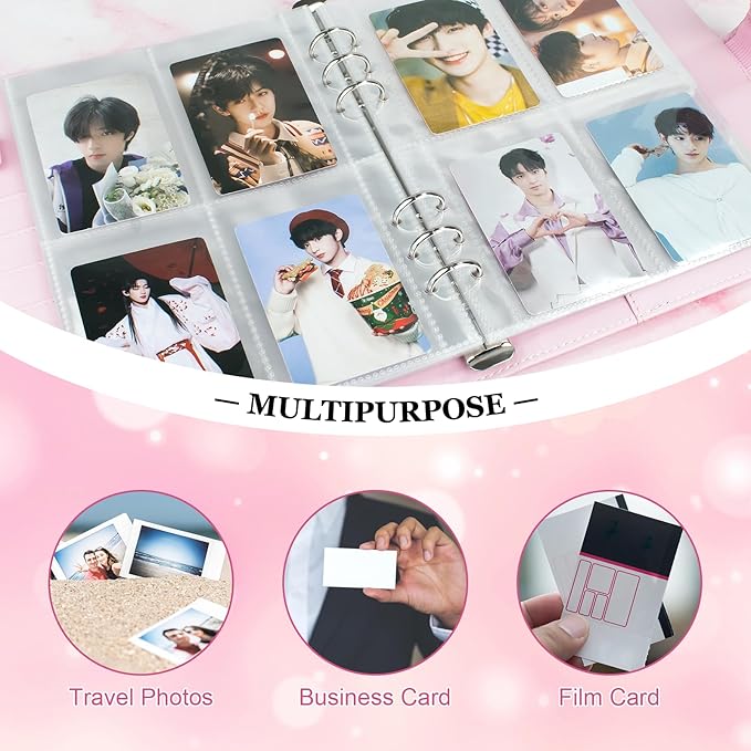 A5 Kpop Photocard Binder, 6 Ring Binder Album with 200 Card Slots, PU Leather Binder Cover with Magnetic Buckle Closure for Organizing Trading Cards - Pink