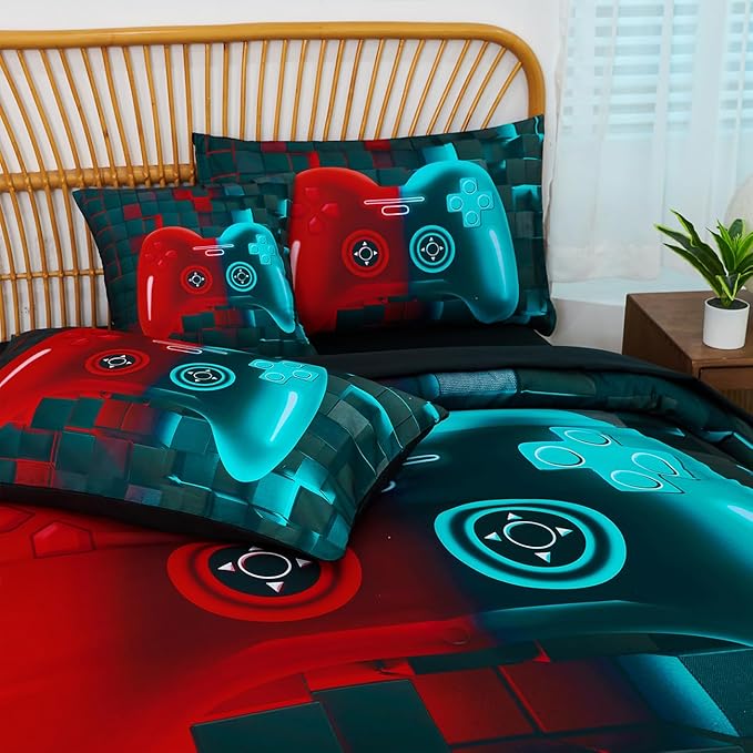 PERFEMET 6 Pcs Gamer Bed Set Twin Size Red and Teal Game Console Kids Bed in A Bag Set Soft Fluffy 3D Cool Teen Boys Gaming Comforter Set with Bed Sheet(Red Teal, Twin)