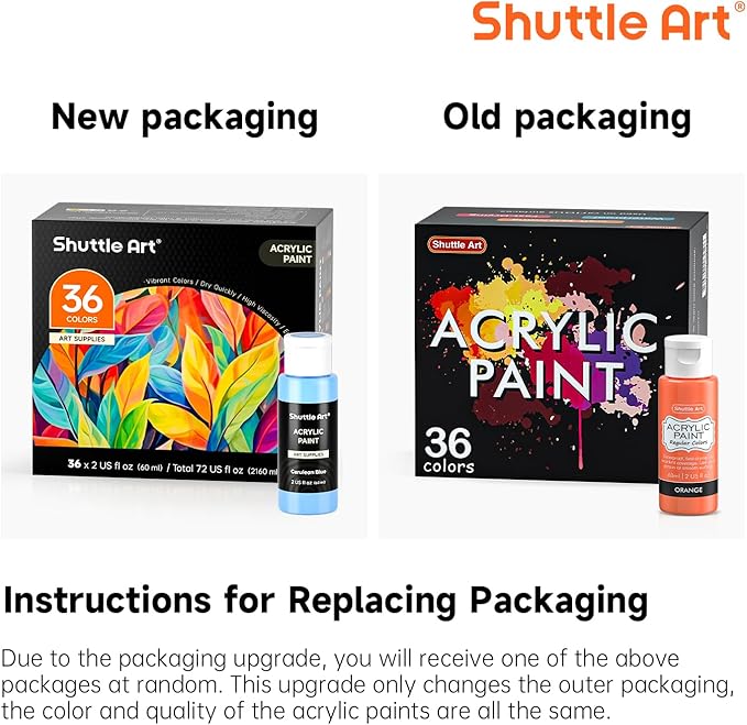 Shuttle Art Acrylic Paint Set, 36 Colors Acrylic Paint with Brushes & Palette, 2oz/60ml Bottles, Rich Pigments Non-toxic for Artists Kids & Adults, Painting on Canvas Rock Ceramic Wood