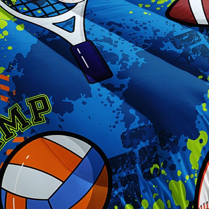 Kids Comforter Set Football Basketball Doodle Printed Pattern Bedding Set with 1 Comforter and 2 Pillowcases for Girls Boys Bedroom All Season(Basketball Doodle Queen)