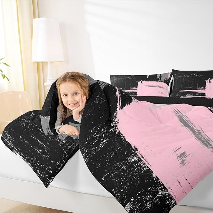 Pink Black Abstract Duvet Quilt Toddler Size Geometric Bedding Set for Kids Boys Girls Decor Modern Art Comforter Set Breathable Soft Lightweight Microfiber Buffalo Check Bedroom Decor Bedclothes