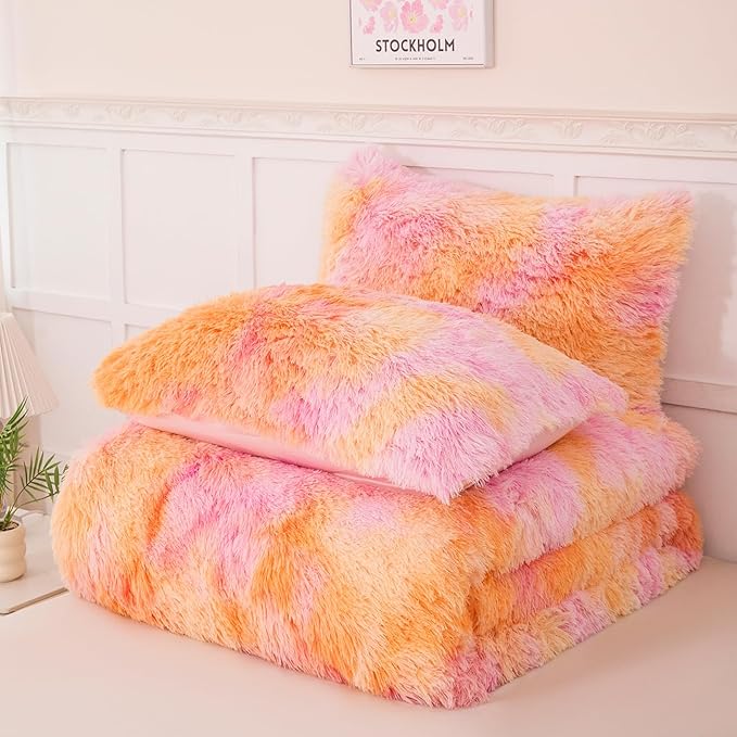 PERFEMET Orange Fluffy Comforter Queen Size 3 Pieces Colorful Faux Fur Shaggy Bedding Set Girls Teen Tie Dye Furry Bedding Ultra Soft Comfy Velvet Plush Bed Set(Orange Pink, Queen)
