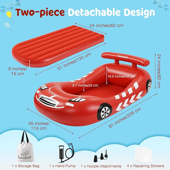 Lewondr Inflatable Kids Bed, Racecar Toddler Air Mattress with Safety Bumpers, Toddler Blow up Mattress with Hand Pump, Portable Toddler Travel Bed for Camping, Sleepovers, Vacation & Home, Red