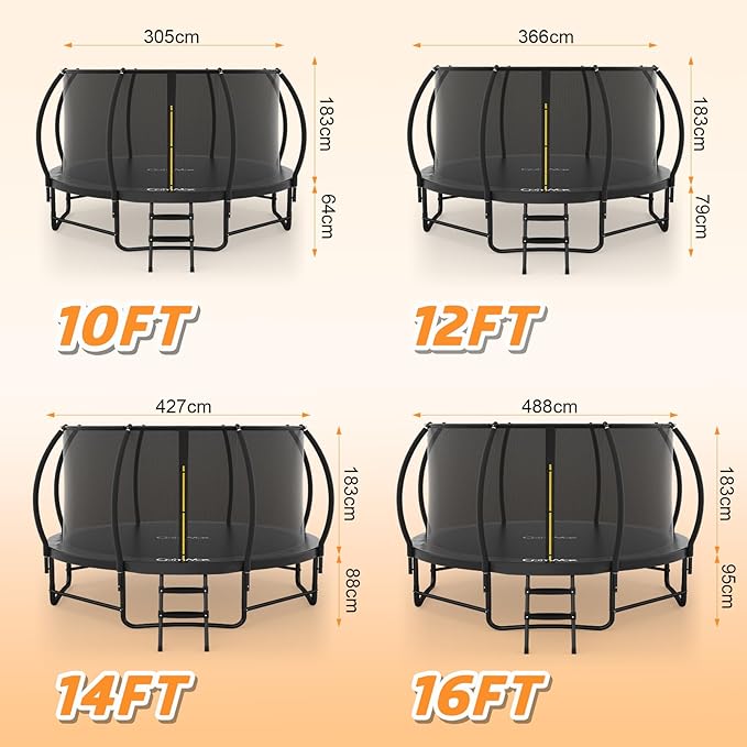 14FT 12FT 10FT 16FT Trampoline with Safety Enclosure, Anti-Rust Coating – ASTM Certified, Heavy-Duty Outdoor Trampoline with Ladder – for Kids & Adults