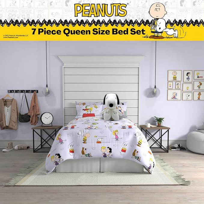 Franco Collectibles Peanuts Multi Character Bedding 7 Piece Super Soft Comforter and Sheet Set with Sham, Queen, (100% Official Licensed Product)