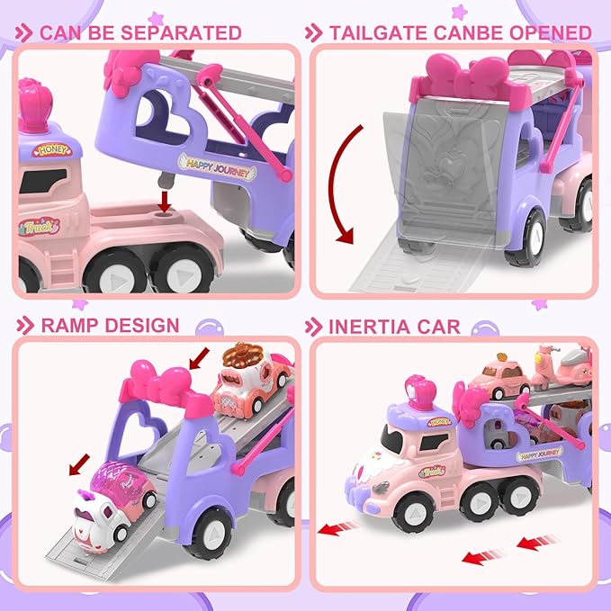 Car Toys for 2 3 4 5 6 7 Year Toddler Girl,Princess Carrier Truck with Sound & Lights,Christmas Birthday Gifts for Kids Girls Age 3-12