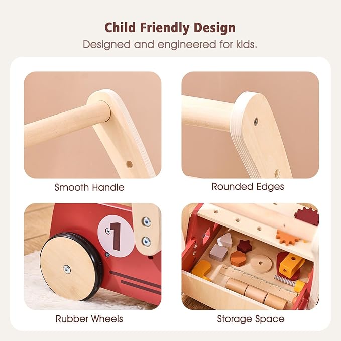 3-in-1 Wooden Baby Walker Adjustable Height with Tool Bench and Toy Storage Wagon - Multifunctional Toddler Push Walker Ergonomically Designed for Natural Walking - 3+ Years of Continuous Use