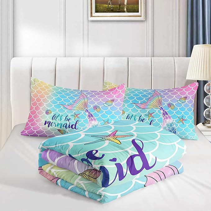 Mermaid Tail Comforter Set Rainbow Scales Printed Bedding Set with 1 Comforter and 2 Pillowcases for Boys and Girls Bedroom All Season(Mermaid Twin)