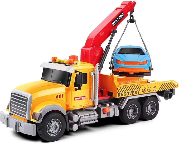 Dwi Dowellin Kids Toys for 3 4 5 6 7 Years Old Boys, 15" Large Tow Truck Toy,Friction Powered Transport Truck Crane Toy with Lights and Sounds,with Roadster,Toddlers Gifts