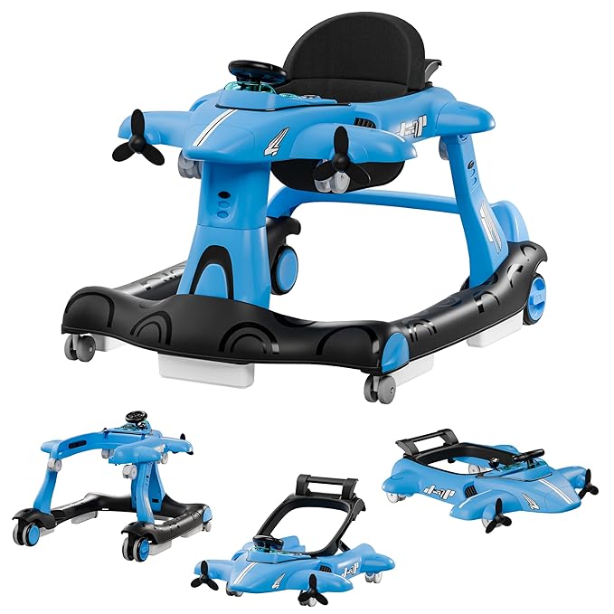 Xilingol 6-in-1 Baby Walker with Wheels, Adjustable Height & Speed Activity Walker with Padded Seat, Foldable Walker for Babies, Toddler Push Walkers for Boy & Girl 6-18 Months, Music & Light