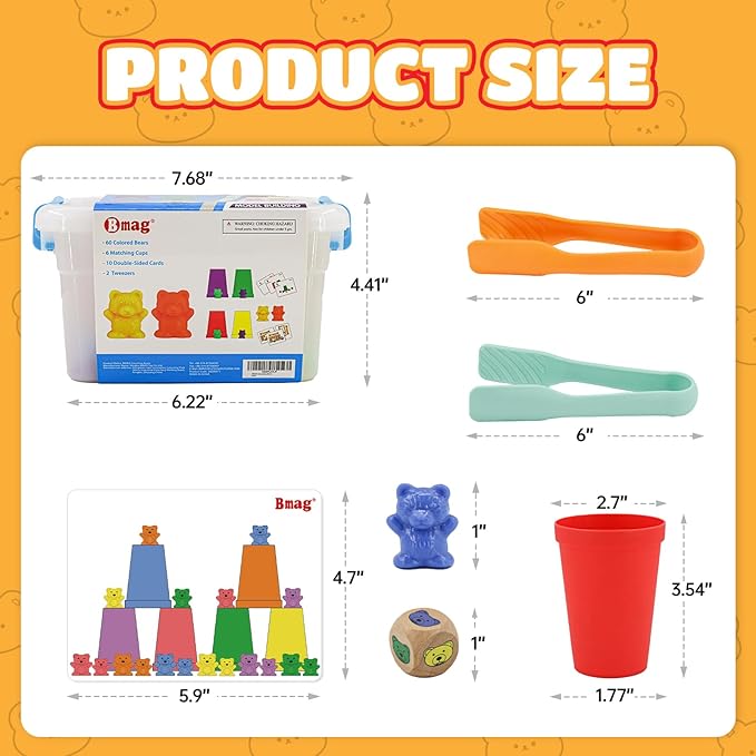 Bmag Counting Bears with Matching Sorting Cups,Pre-School Math Learning Games with 2 Dices,Color Recognition STEM Educational Toy for Toddler Bonus Tweezers, Storage Box, Activity Cards