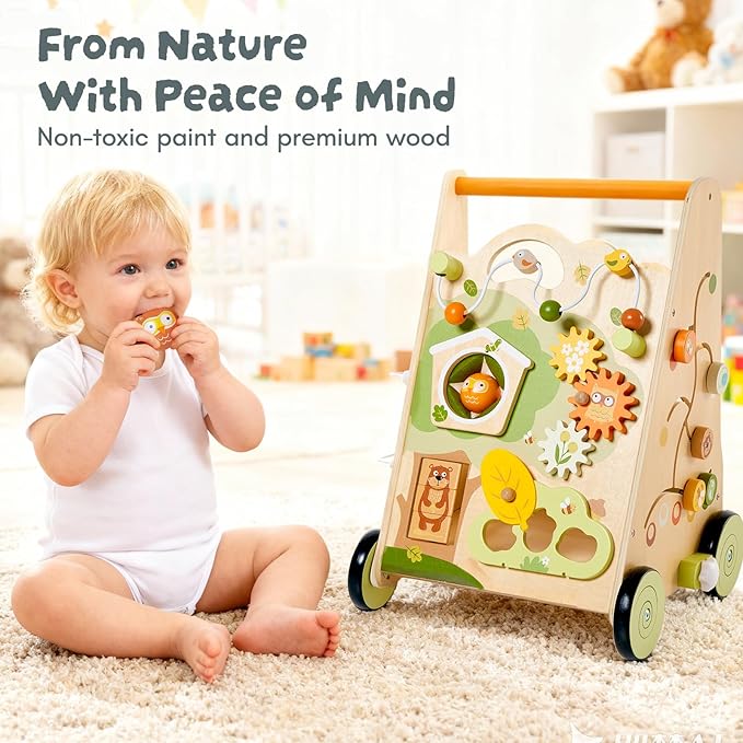 Wooden Baby Walker with Activity Center, Forest Themed Montessori Push Toy for Toddlers 1–3, Bead Maze, Shape Sorter, Gears, Puzzles & Fine-Motor Learning, Speed Adjustable Wood Walker for First Steps