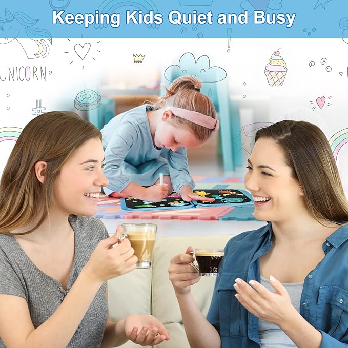 Erasable Book Doodle Set for Kids,Reusable Magic Drawing Book for Kids with 12 Watercolor Pens 14 Page Drawing,Road Trip Car Game Writing Painting Set for Boys and Girls(Green Unicorn)