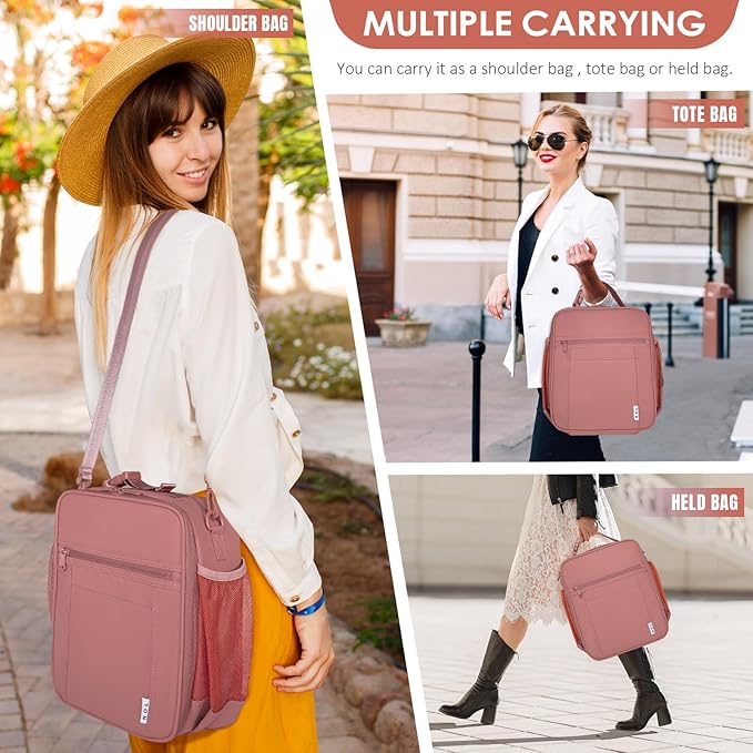 NOL Nylon Waterproof Kids Lunch Bag, Insulated Lunch Bag, Lunch box Cooler, Reusable, Zip Closure with Buckle Handle Holds Lunch Box, Snacks & Water Bottle for School Work, Dark pink