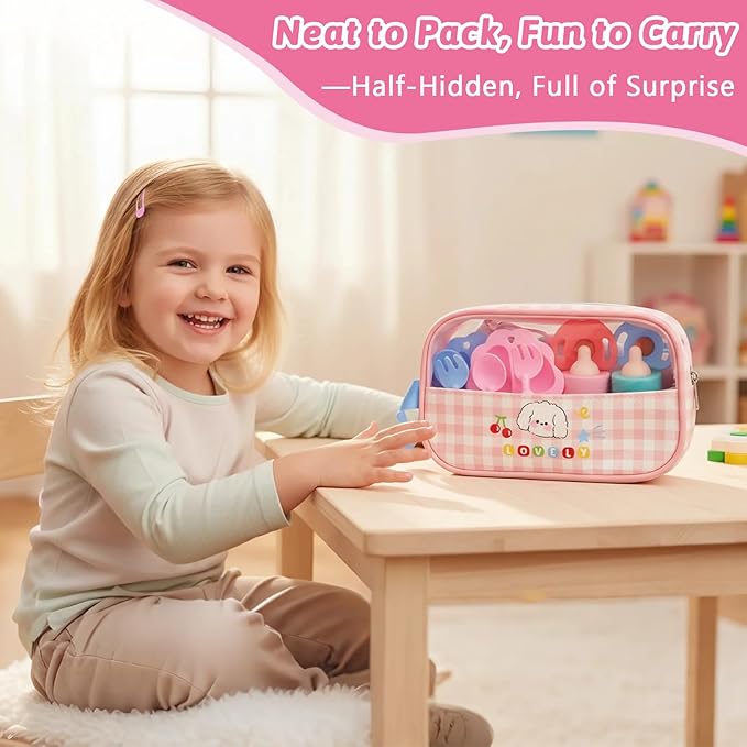 Baby Doll Accessories Set – 7 Pcs Feeding Bottle Toys, Magic Disappearing Milk & Juice, Pretend Play Set with Pacifiers, Reusable Bibs and Diapers, Kids Gift