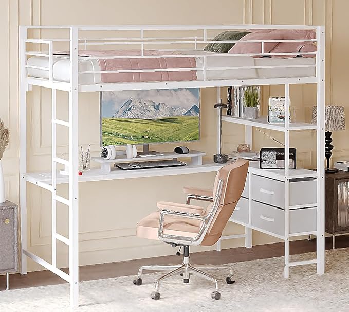 VINGLI Twin Loft Bed with 15 Inches Safety Guardrail/L-Shaped Desk/Flat Rungs, LED Single High Sleeper with 2 Charging Stations/Storage Shelves/Dresser, Heavy Duty Metal Support Slat, White